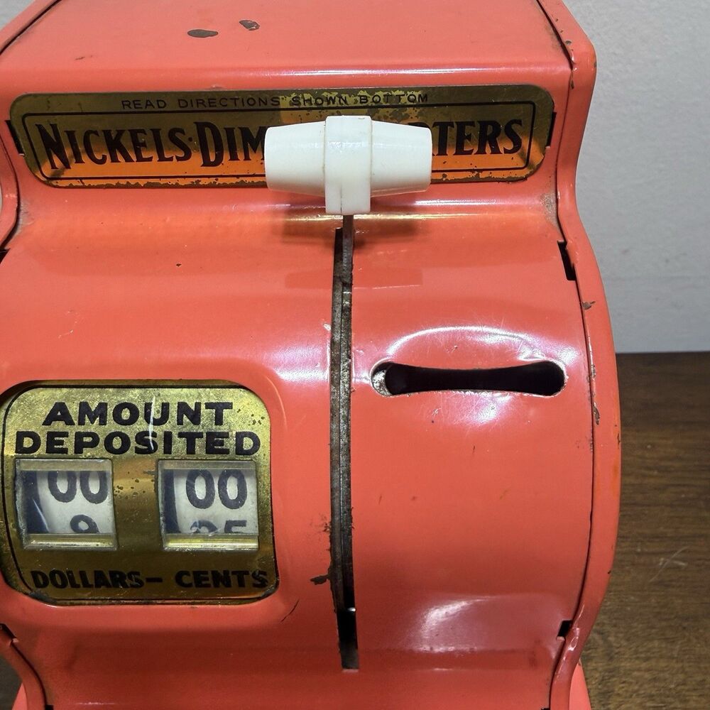 Vintage Uncle Sam’s 3 Coin Red Orange Metal Counting Register Bank - Works ! - Picture 4 of 11